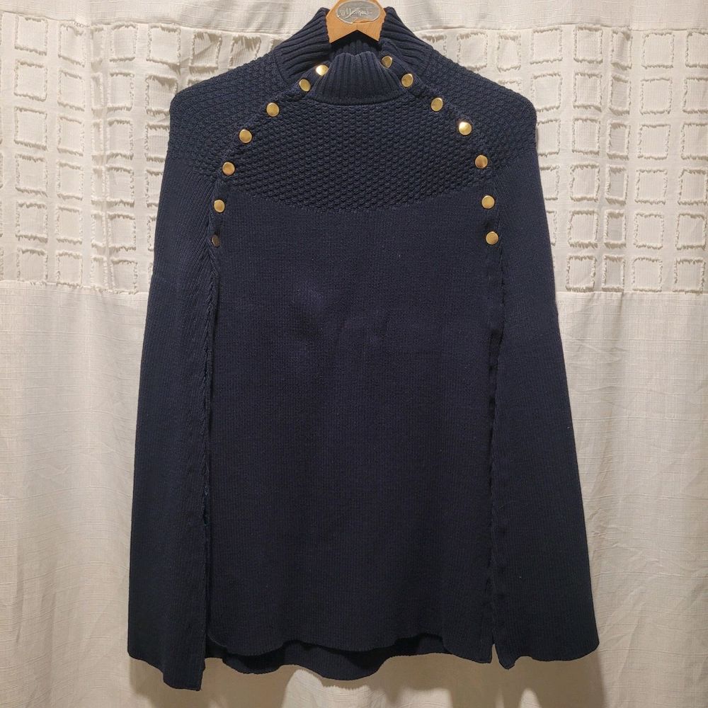G.I.L.L. Navy Blue Sweater Cape Poncho  Gold Brass Button XS Nautical Minimalist